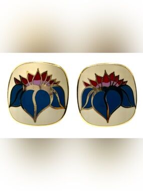 Vintage Laurel Burch Ho-Hwa Lotus Flower Enamel Post Earrings 3/4” Signed